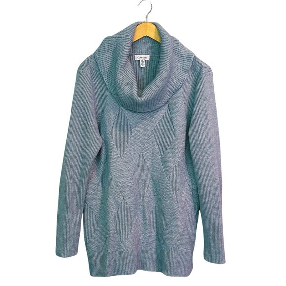Y2K Blue Gray Cowl Neck Sweater Women’s Large Long Sleeve Ribbed Knit Pullover - Picture 1 of 10